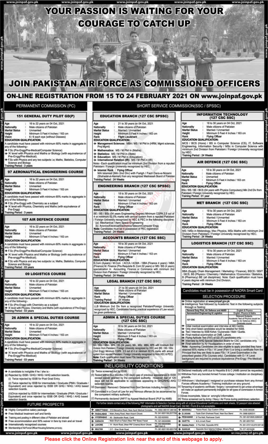 Join Pakistan Air Force as Commissioned Officer 2021 February Online Registration in SPSSC & Permanent Commission Latest