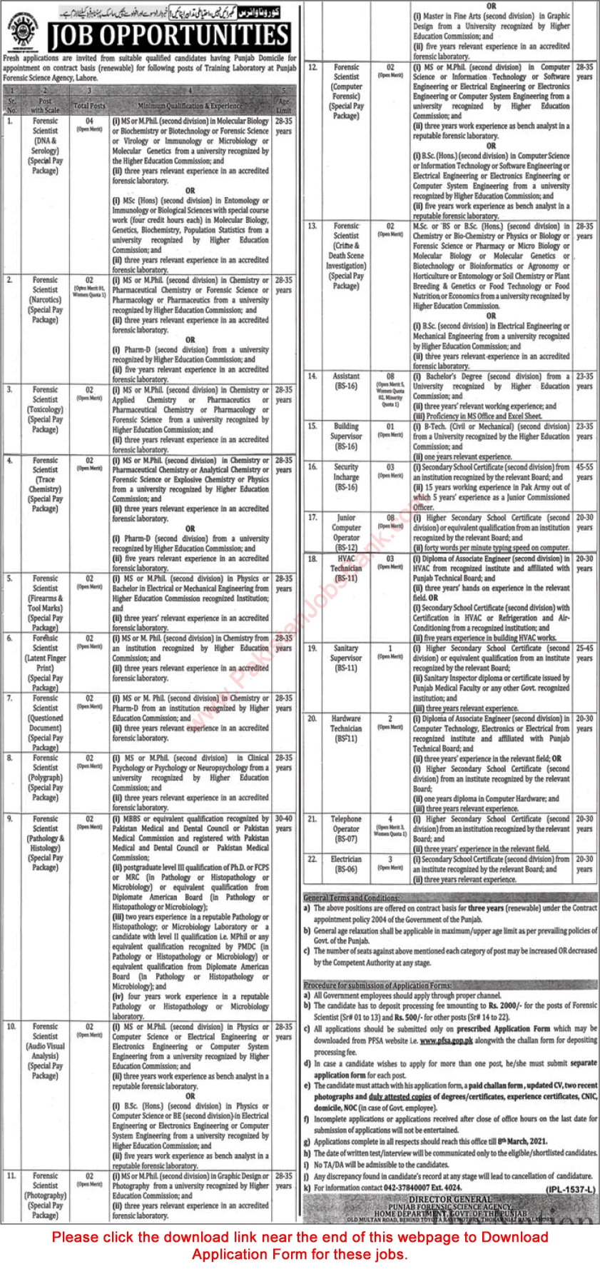Punjab Forensic Science Agency Jobs 2021 February PFSA Application Form Forensic Scientists & Others Latest