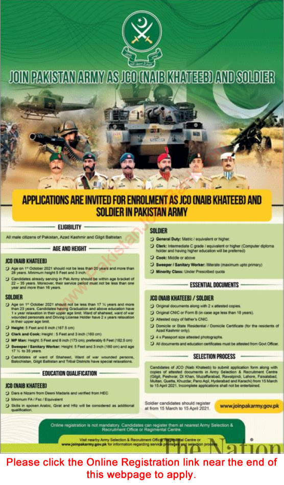 Join Pakistan Army as Soldier & Naib Khateeb 2021 February / March Junior Commissioned Officer Online Registration Latest