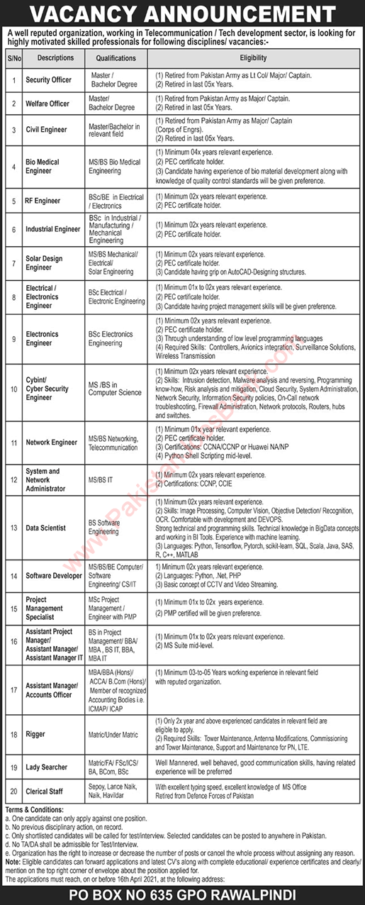 PO Box 635 GPO Rawalpindi Jobs 2021 March Electronics / Electrical Engineers & Others Latest