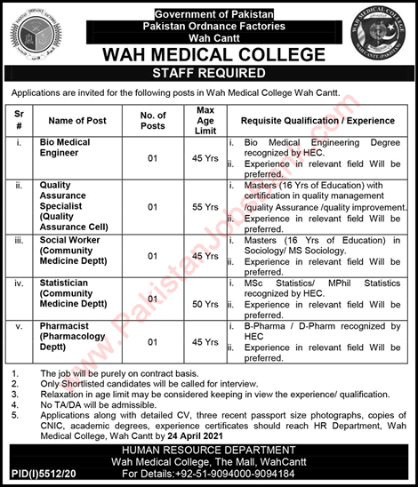 Wah Medical College Jobs 2021 April Biomedical Engineer, Pharmacist & Others Latest