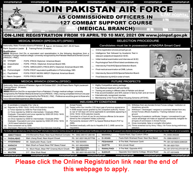 Join Pakistan Air Force as Commissioned Officer April 2021 SPSSC in 127 Combat Support Course Online Registration Latest