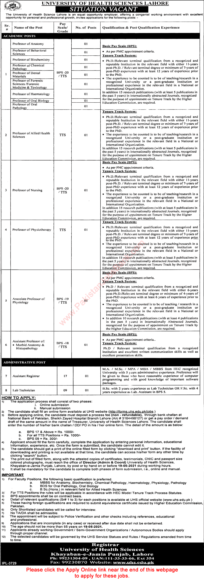 University of Health Sciences Lahore Jobs April 2021 Apply Online Teaching Faculty & Others Latest