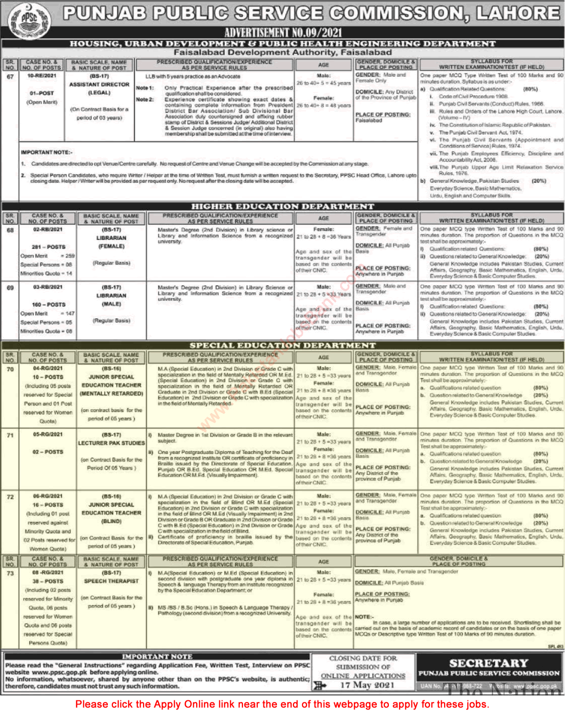 Special Education Department Punjab Jobs May 2021 PPSC Online Apply Speech Therapists, Teachers & Lecturers Latest
