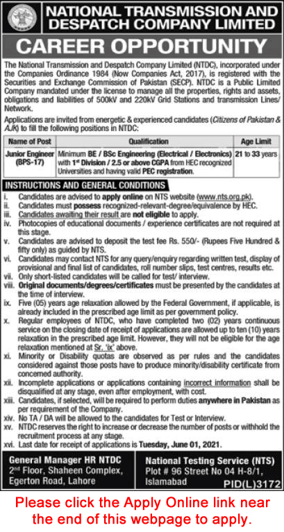 NTDC Jobs May 2021 NTS Apply Online Electrical / Electronic Engineers National Transmission and Despatch Company Latest