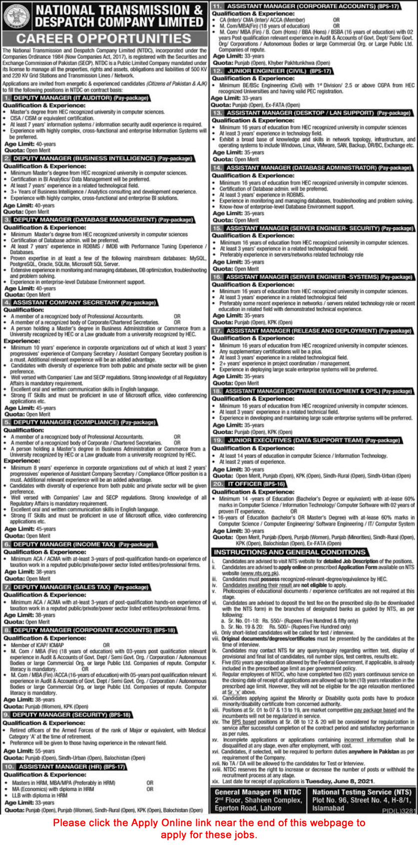 NTDC Jobs May 2021 NTS Online Apply National Transmission and Despatch Company Limited Latest
