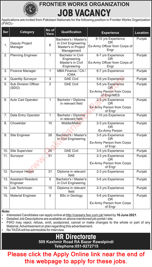 FWO Jobs May 2021 June Apply Online Site Supervisors / Engineers, Surveyors & Others Frontier Works Organization Latest