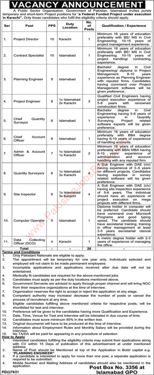 PO Box 3356 Islamabad Jobs 2021 July Site Inspectors, Quantity Surveyors & Others Latest