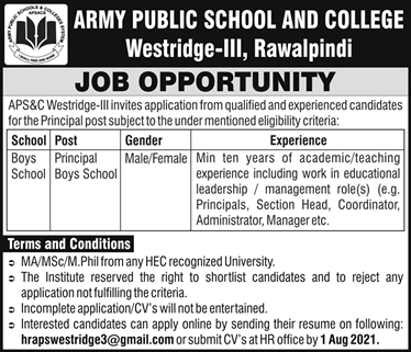 Principal Jobs in Army Public School and College Rawalpindi July 2021 August APS&C Westridge-III Latest