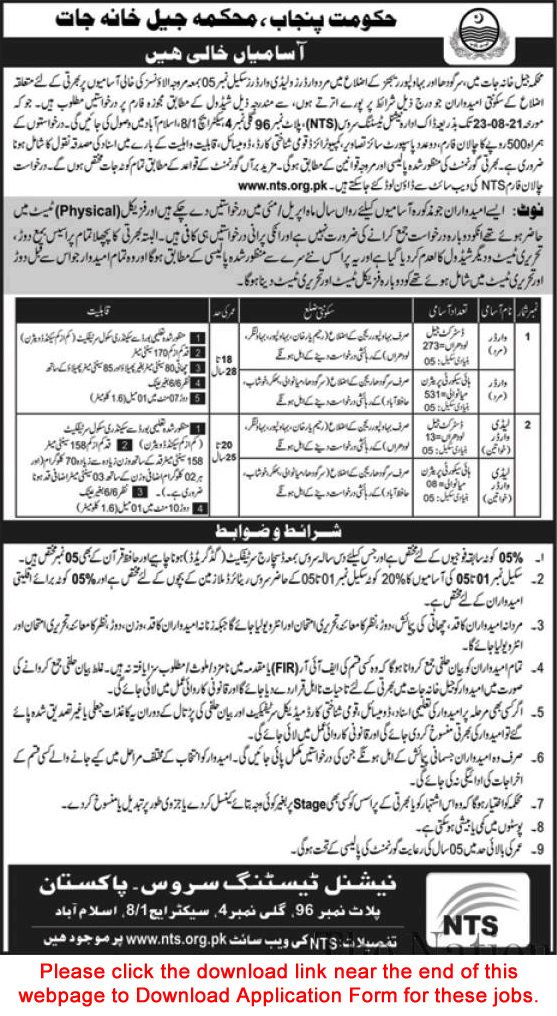 Warder Jobs in Prison Department Punjab August 2021 NTS Application Form Jail Department Latest