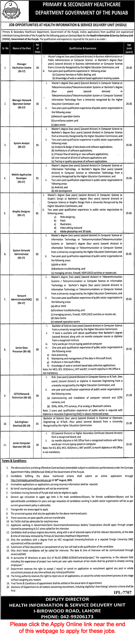 Primary and Secondary Healthcare Department Punjab Jobs August 2021 HISDU Apply Online Computer Operators & Others Latest
