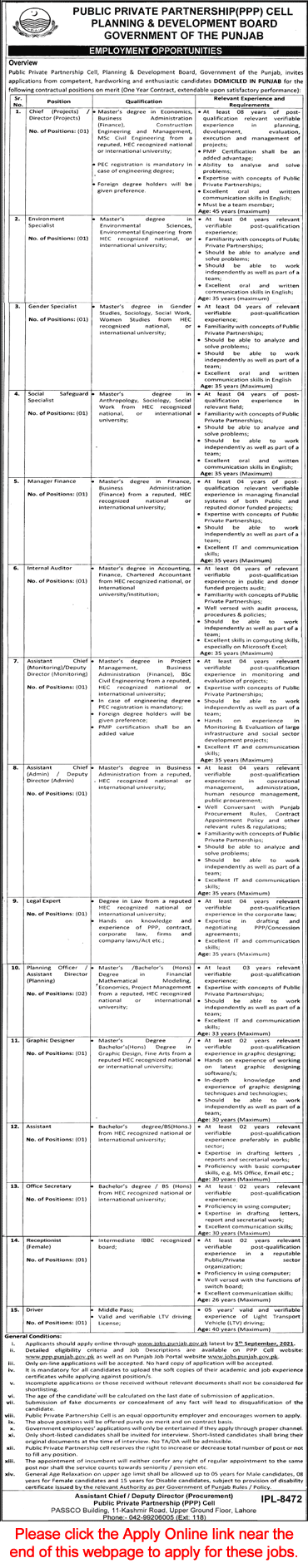 Planning and Development Board Punjab Jobs August 2021 Apply Online Public Private Partnership PPP Cell Latest