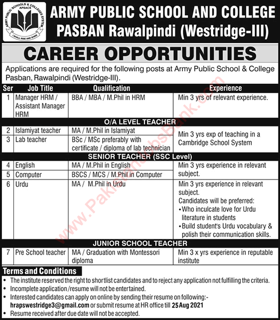 Army Public School and College PASBAN Rawalpindi Jobs August 2021 Teachers & Others Latest