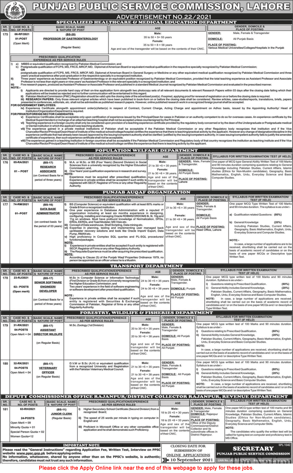 PPSC Jobs 2021 August Apply Online Consolidated Advertisement No 22/2021 Latest
