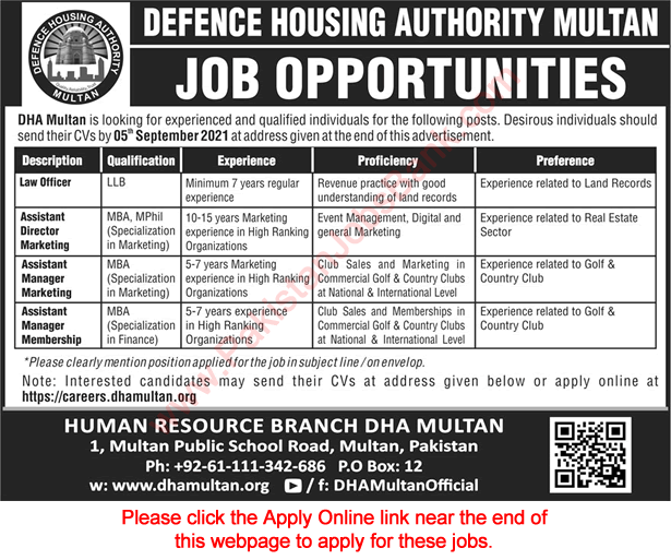 DHA Multan Jobs August 2021 September Apply Online Defence Housing Authority Latest