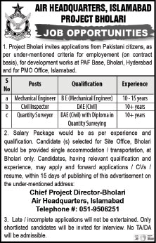 Air Headquarters Islamabad Jobs 2021 September PAF Base Bholari Mechanical Engineer & Others Latest