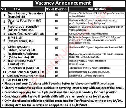NGO Jobs in Islamabad September 2021 Registration Assistants, Lawyers & Others Latest