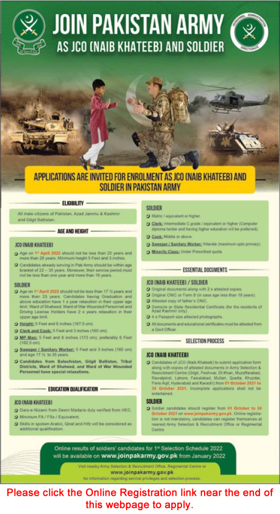 Join Pakistan Army as Soldier & Naib Khateeb September 2021 JCO Online Registration Latest