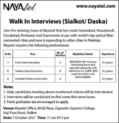 Nayatel Sialkot Jobs October 2021 Daska Trainee Sales Executives & Others Walk in Interviews Latest