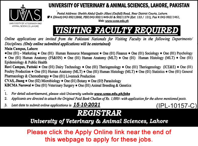 University of Veterinary and Animal Sciences Lahore Jobs October 2021 Apply  Online Teaching Faculty Latest in Lahore, Pattoki, Jhang, Narowal, Punjab,  The Nation on 03-Oct-2021 | Jobs in Pakistan