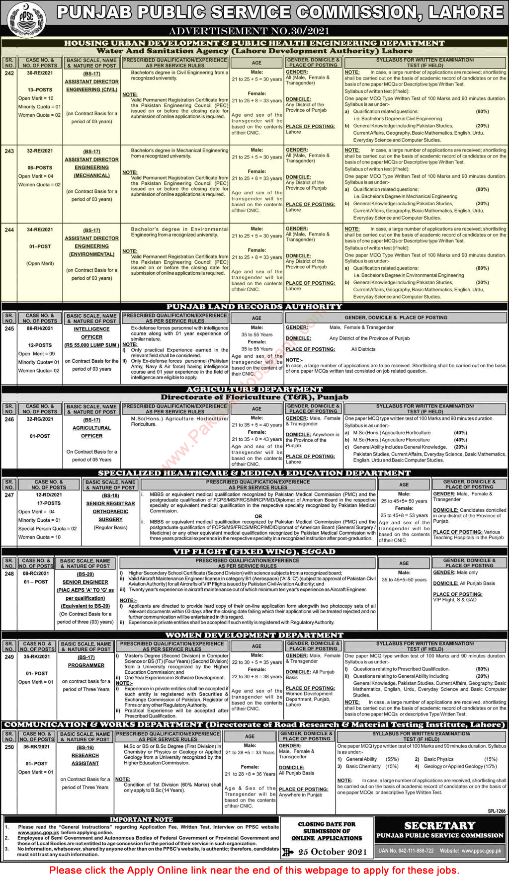 Assistant Director Jobs in Water and Sanitation Agency Lahore October 2021 PPSC Online Apply WASA LDA Latest