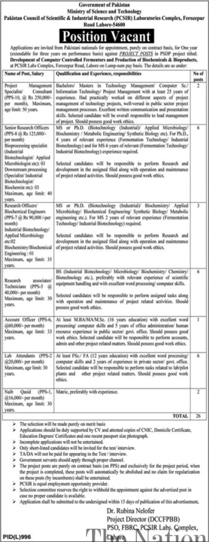 PCSIR Lahore Jobs October 2021 Research Officers / Associates & Others Latest