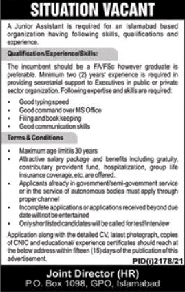 Junior Assistant Jobs in PO Box 1098 GPO Islamabad 2021 October Latest