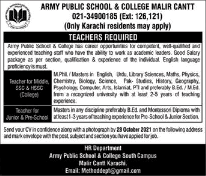 Teaching Jobs in Army Public School and College Malir Cantt Karachi October 2021 APS&C Latest