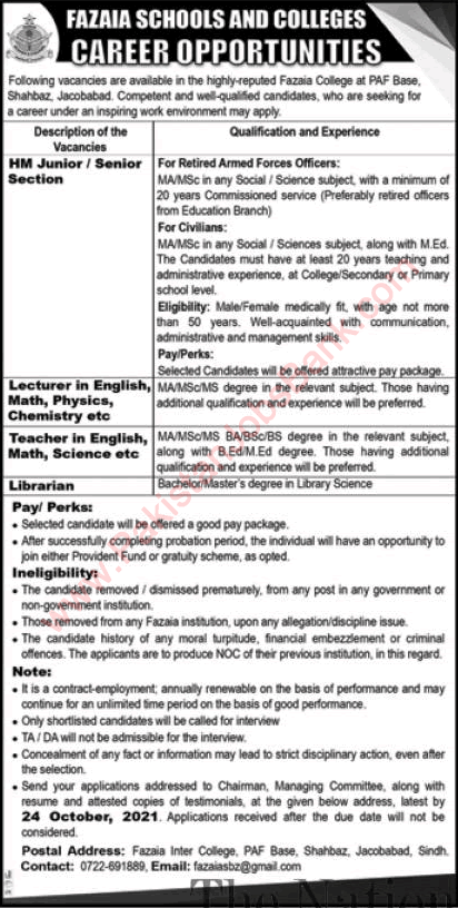 Fazaia Schools and Colleges Jacobabad Jobs 2021 October Lecturers & Others Latest