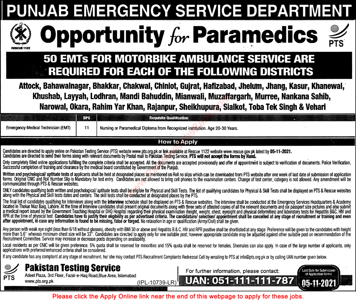 Emergency Medical Technician Jobs in Punjab Emergency Service Rescue 1122 October 2021 PTS Online Apply Latest
