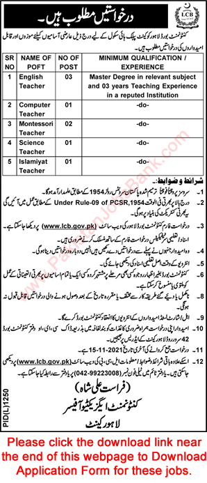 Teaching Jobs in Cantt Public High School Lahore 2021 October / November Application Form Latest
