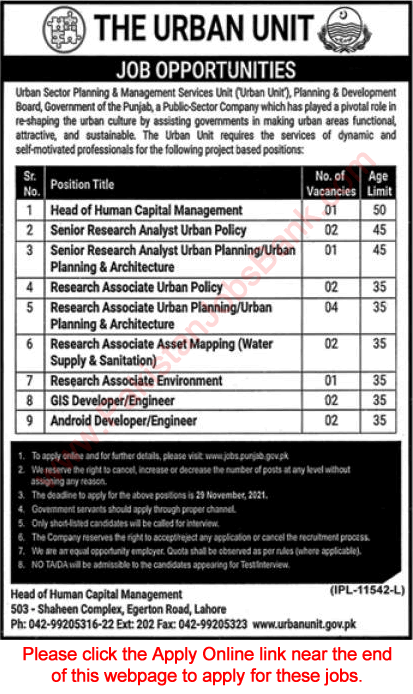 The Urban Unit Punjab Jobs November 2021 Apply Online Research Associates & Others Latest