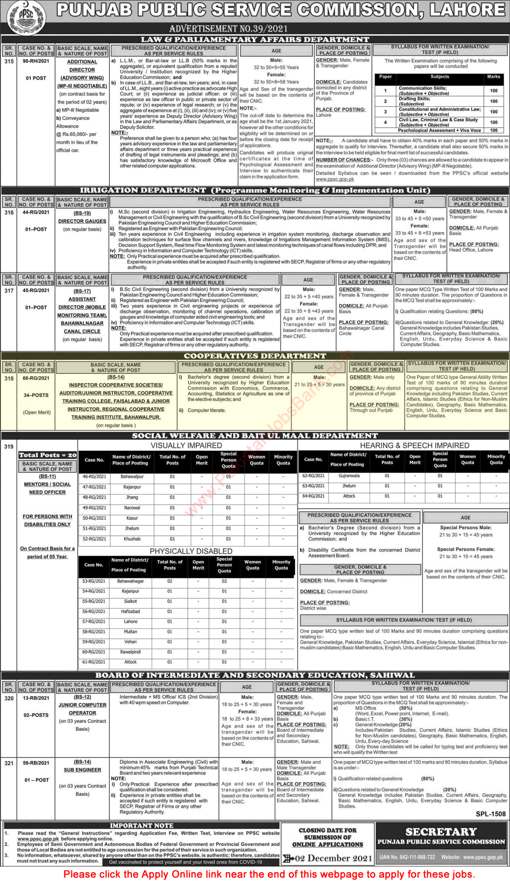 Cooperative Department Punjab Jobs 2021 November PPSC Apply Online Inspectors / Instructors / Auditors Latest