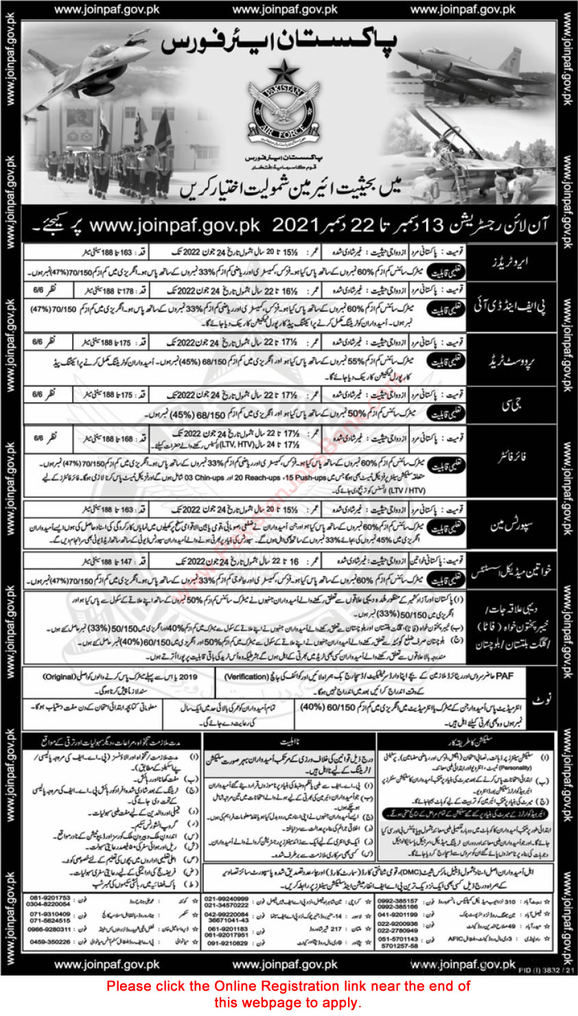 Pakistan Air Force Jobs December 2021 Online Registration Join as Aero Trades, PF&DI, Provost Trade, GC, Fire Fighter, Sportsman & Medical Assistants Latest