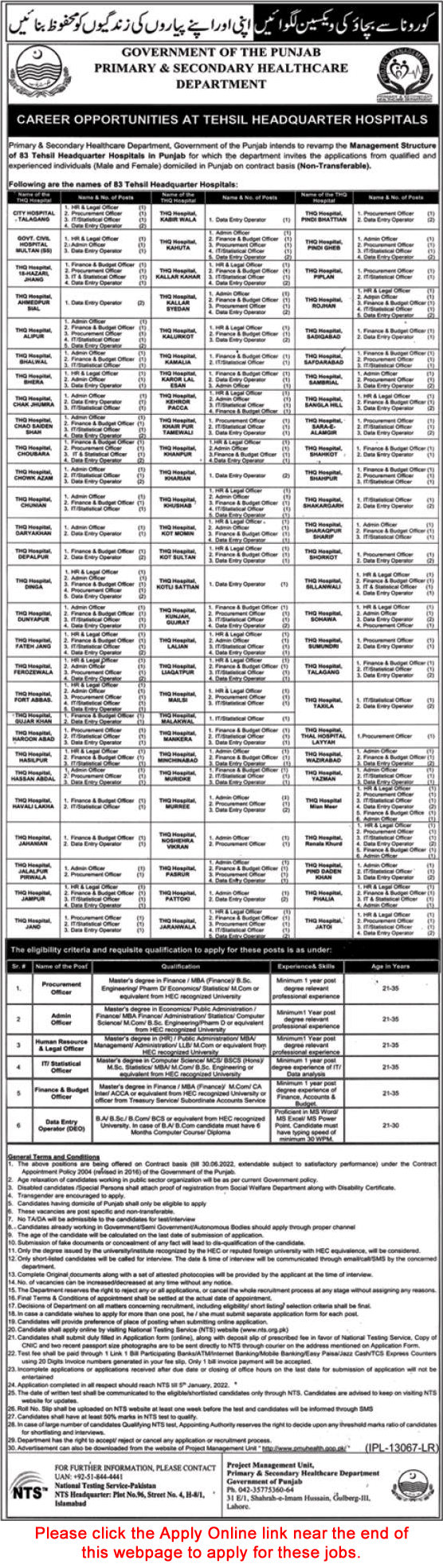 Primary and Secondary Healthcare Department Punjab Jobs December 2021 NTS Online Apply Latest