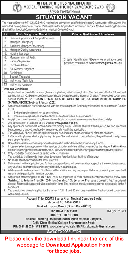 Bacha Khan Medical Complex Swabi Jobs December 2021 / 2022 GKMC BKMC Application Form Latest