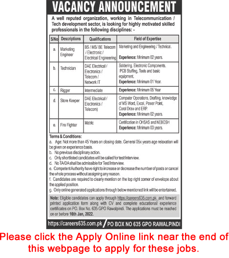 PO Box 635 GPO Rawalpindi Jobs 2022 Apply Online Technicians, Store Keeper & Others Latest