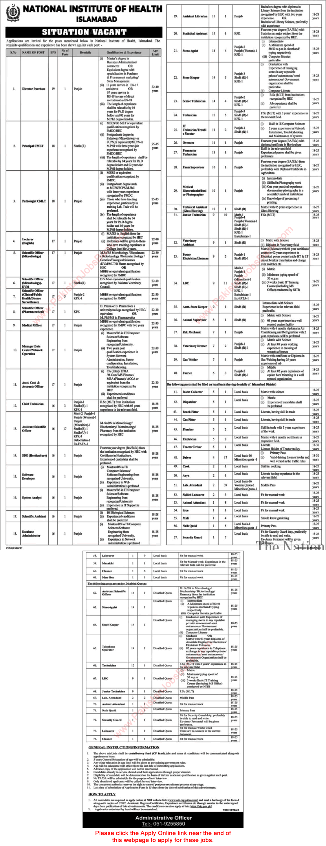 National Institute of Health Islamabad Jobs 2022 NIH Apply Online Lab Attendants, Scientific Officers & Others Latest