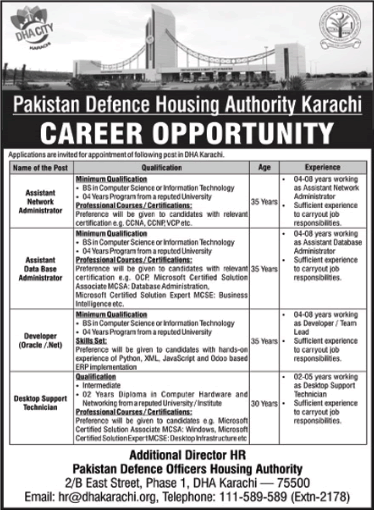 DHA Karachi Jobs 2022 March Network / Database Administrators & Others Defence Housing Authority Latest