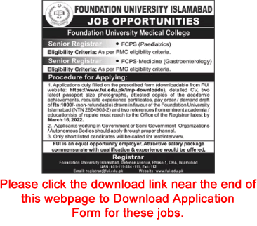 Senior Registrar Jobs in Foundation University Islamabad 2022 March Application Form Latest