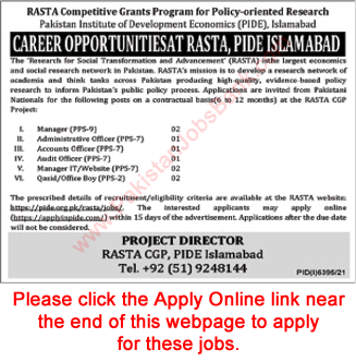 Pakistan Institute of Development Economics Jobs 2022 March PIDE Islamabad Application Form RASTA Latest
