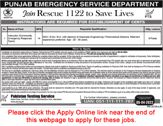 Instructor Jobs in Rescue 1122 March 2022 PTS Online Application Form Punjab Emergency Service Latest