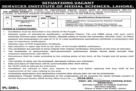 Demonstrator Jobs in Services Hospital Lahore 2022 March Services Institute of Medical Sciences Latest