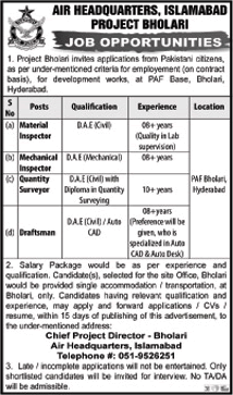 Air Headquarters Islamabad Jobs 2022 April Mechanical / Material Inspectors & Others PAF Base Bholari Latest