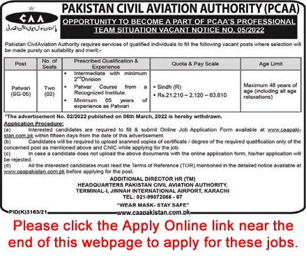Patwari Jobs in Pakistan Civil Aviation Authority 2022 April Apply Online PCAA Latest