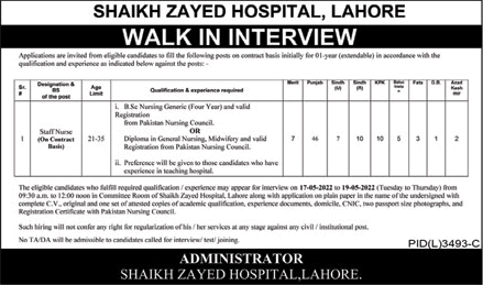 Staff Nurse Jobs in Shaikh Zayed Hospital Lahore May 2022 Walk in Interview Latest