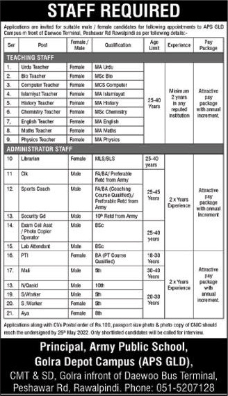 Army Public School Golra Depot Campus Rawalpindi Jobs 2022 May Teachers & Others APS GLD Latest