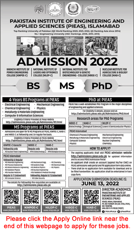 PIEAS Fellowships May 2022 Apply Online MS / Postgraduate Programs for Engineers, Scientists & Doctors in PAEC KINPOE Latest