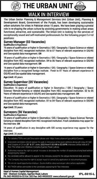 The Urban Unit Punjab Jobs June 2022 Walk in Interview Surveyors & Others Latest