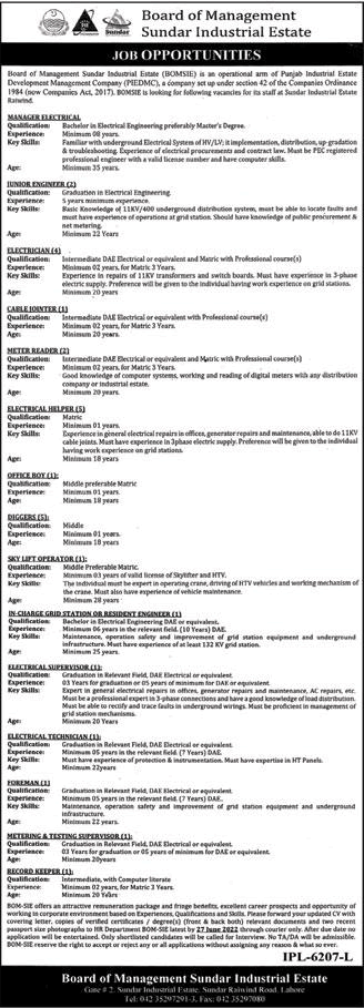 Board of Management Sundar Industrial Estate Lahore Jobs June 2022 BOMSIE Electrical Helpers & Others Latest